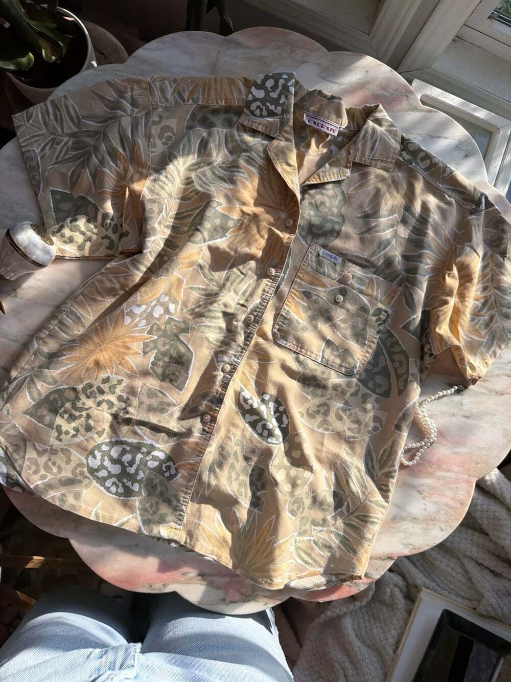 Cabrais Vintage Abstract Tropical Cheetah Print Short Sleeve Button Down Shirt